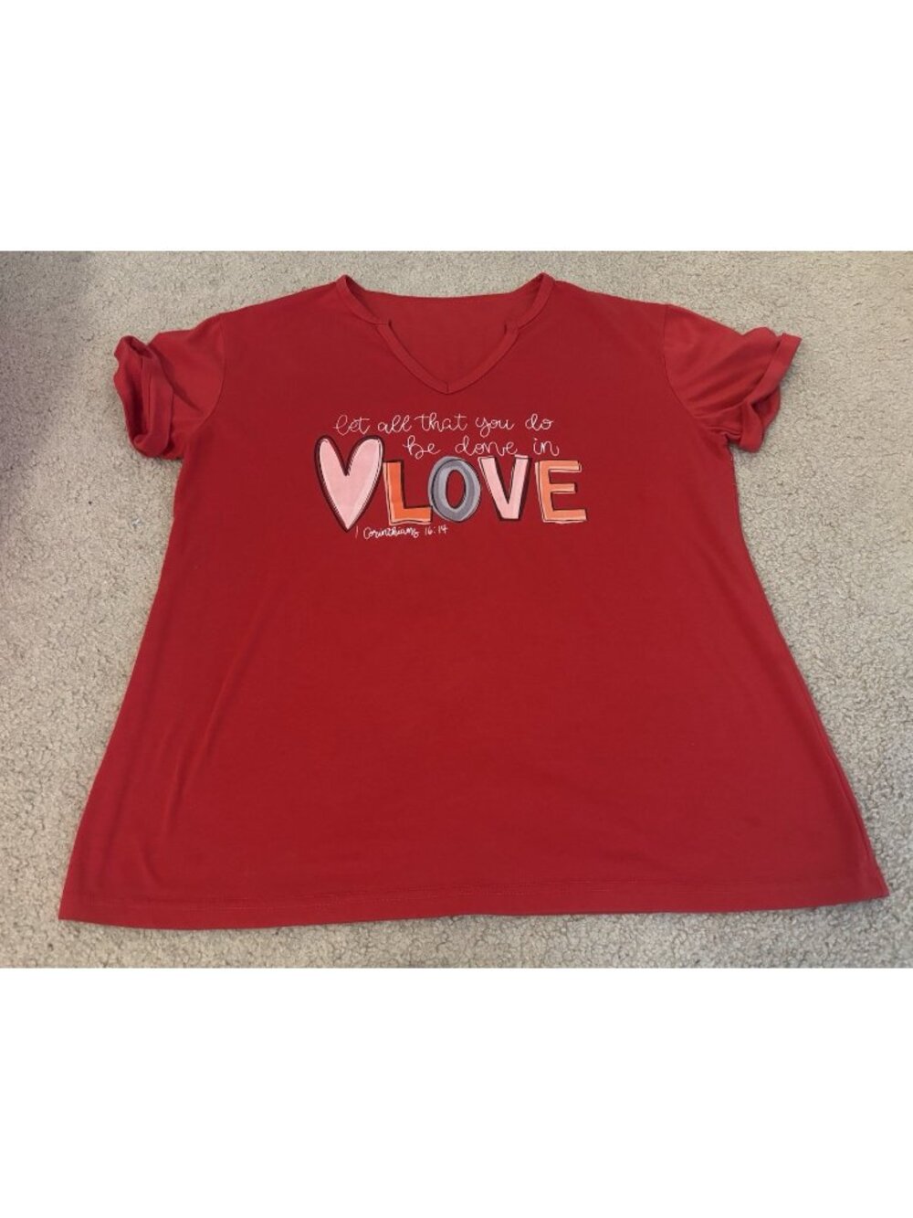 Graphic T-shirt Women’s Size L Short Sleeve Red Love Christian 1 Cor. 16: 14
